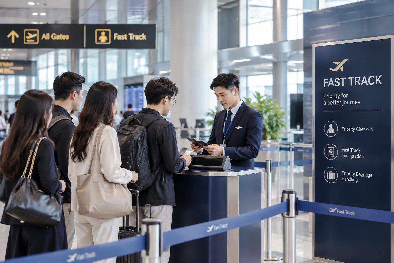 Fast track service at Noi Bai Airport, Hanoi, with travelers checking in at a priority counter.