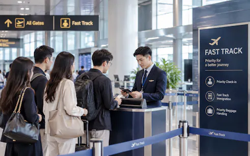 Fast track service at Noi Bai Airport, Hanoi, with travelers checking in at a priority counter.