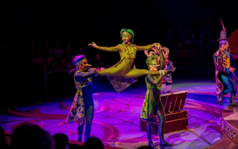 Performers in colorful costumes during CARO Theatre Show at Efteling Amsterdam.