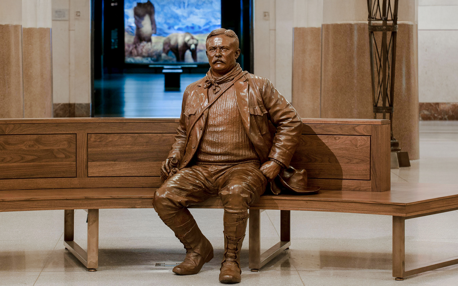 Theodore Roosevelt Memorial Hall interior with dinosaur skeleton exhibit, New York City.