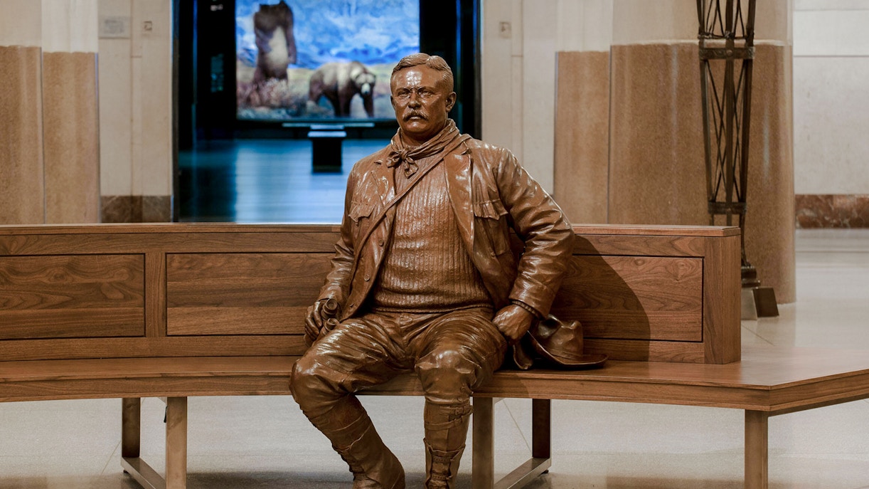 Theodore Roosevelt Memorial Hall interior with dinosaur skeleton exhibit, New York City.