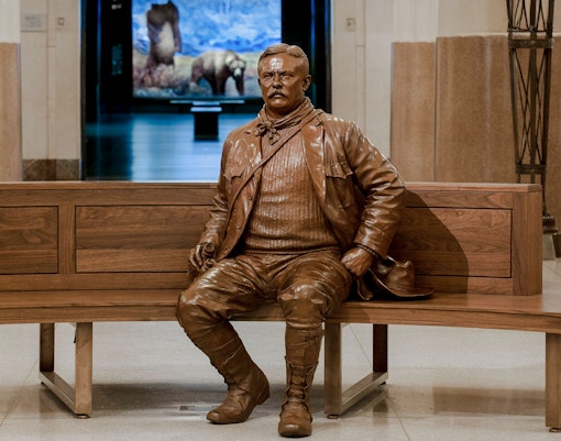 Theodore Roosevelt Memorial Hall interior with dinosaur skeleton exhibit, New York City.