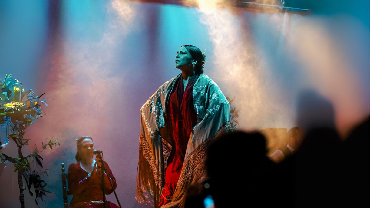 Flamenco dancer performing on stage in Barcelona with a singer in the background.
