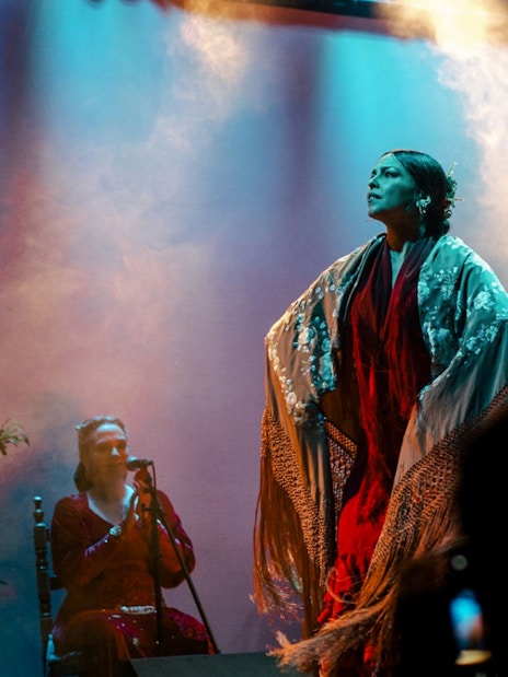 Flamenco dancer performing on stage in Barcelona with a singer in the background.