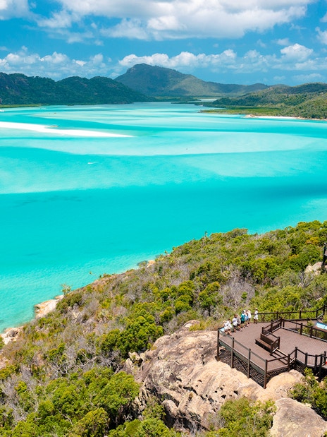 Hill Inlet view of turquoise waters and lush greenery on Whitsundays Snorkel Cruise from Airlie Beach.