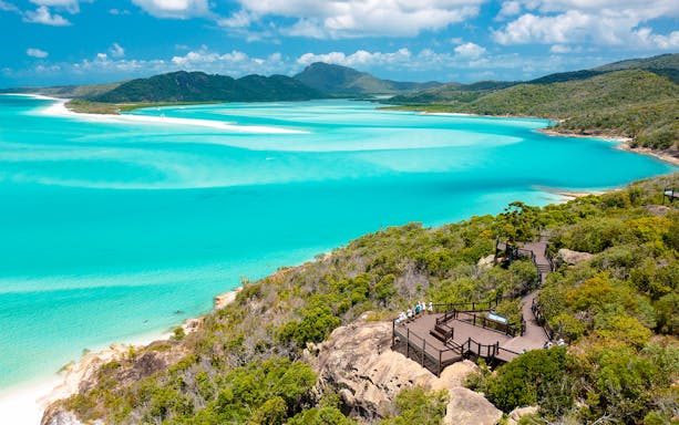 Hill Inlet view of turquoise waters and lush greenery on Whitsundays Snorkel Cruise from Airlie Beach.