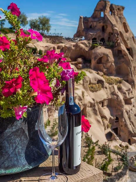 Wine bottle and glass with flowers overlooking Cappadocia's fairy chimneys during vineyard tour.