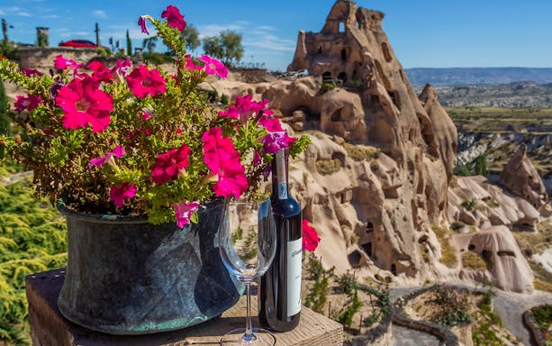Wine bottle and glass with flowers overlooking Cappadocia's fairy chimneys during vineyard tour.