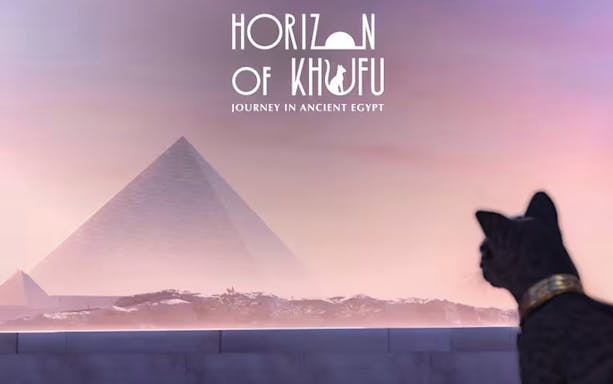 Pyramid view with cat silhouette, Horizon of Khufu VR experience in Sydney.