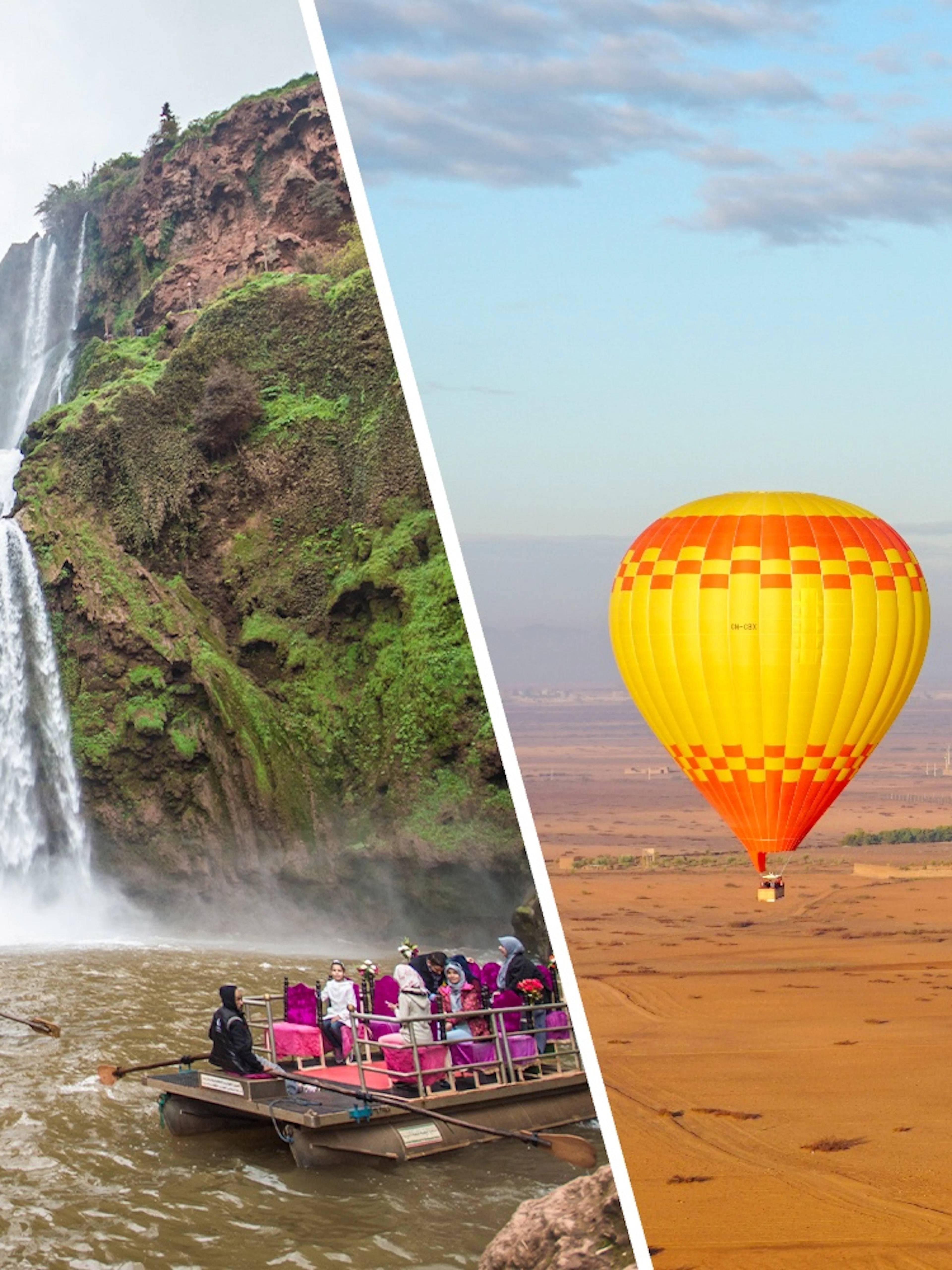 Hot air balloon over Barbar village, Marrakech, with desert landscape.