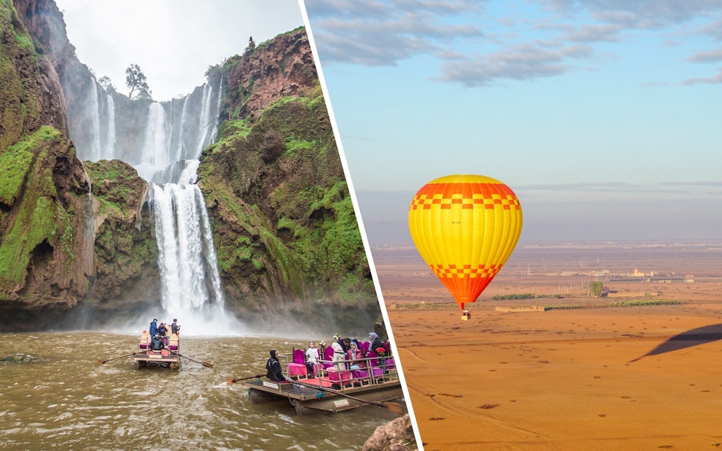 Hot air balloon over Barbar village, Marrakech, with desert landscape.