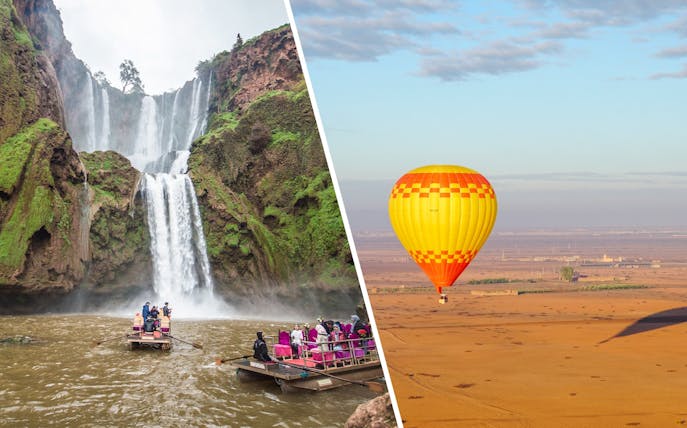 Hot air balloon over Barbar village, Marrakech, with desert landscape.