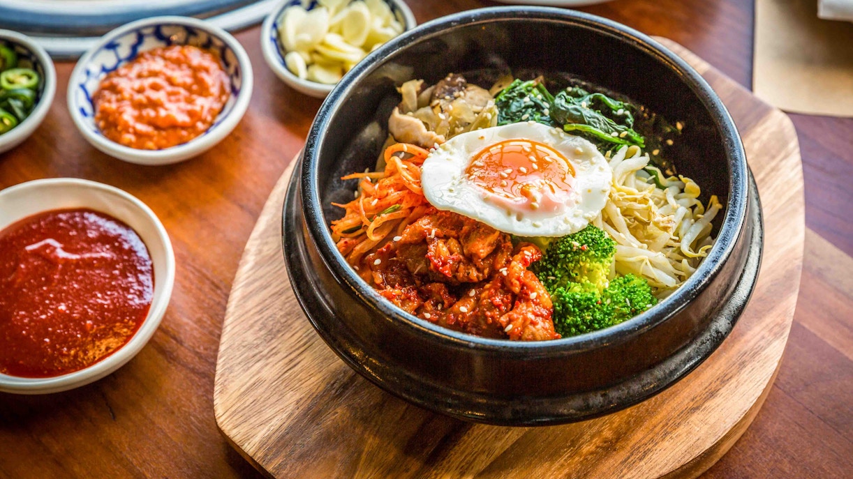 Korean bibimbap with egg and vegetables at Lotte World Theme Park.