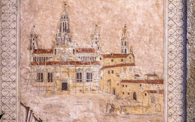 Drawing of Milan Cathedral on textured wall, part of Official Milano Pass tour.