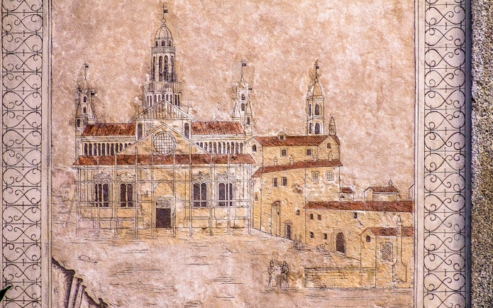 Drawing of Milan Cathedral on textured wall, part of Official Milano Pass tour.