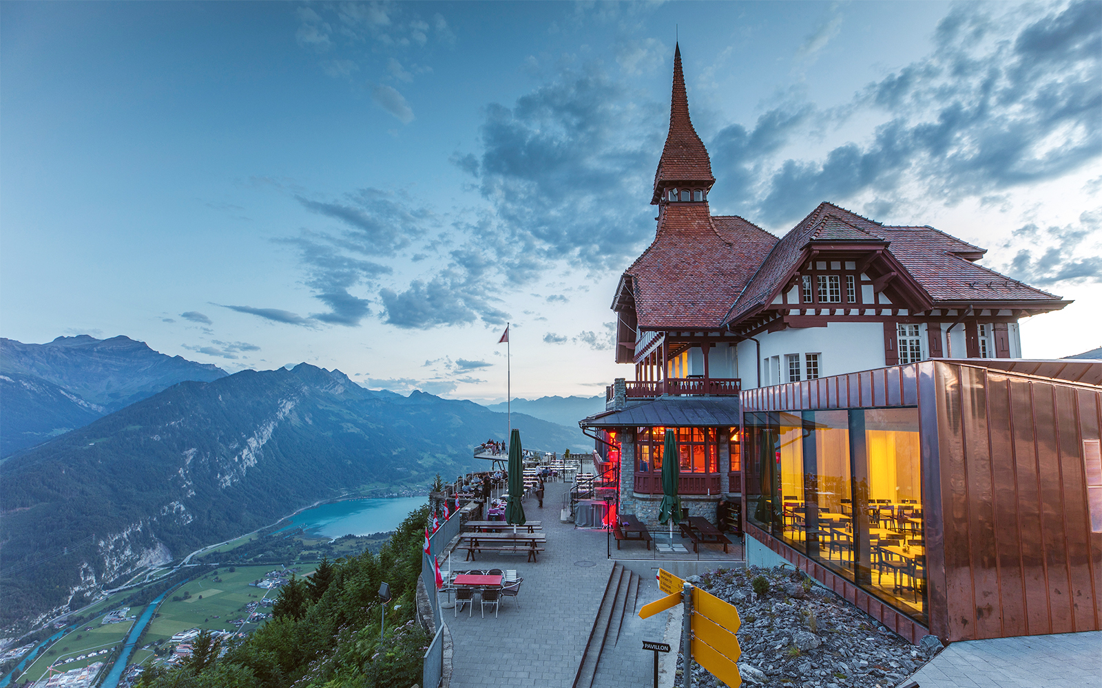 Scenic view from Harder Kulm restaurant overlooking mountains and Lake Brienz, Jungfrau region.