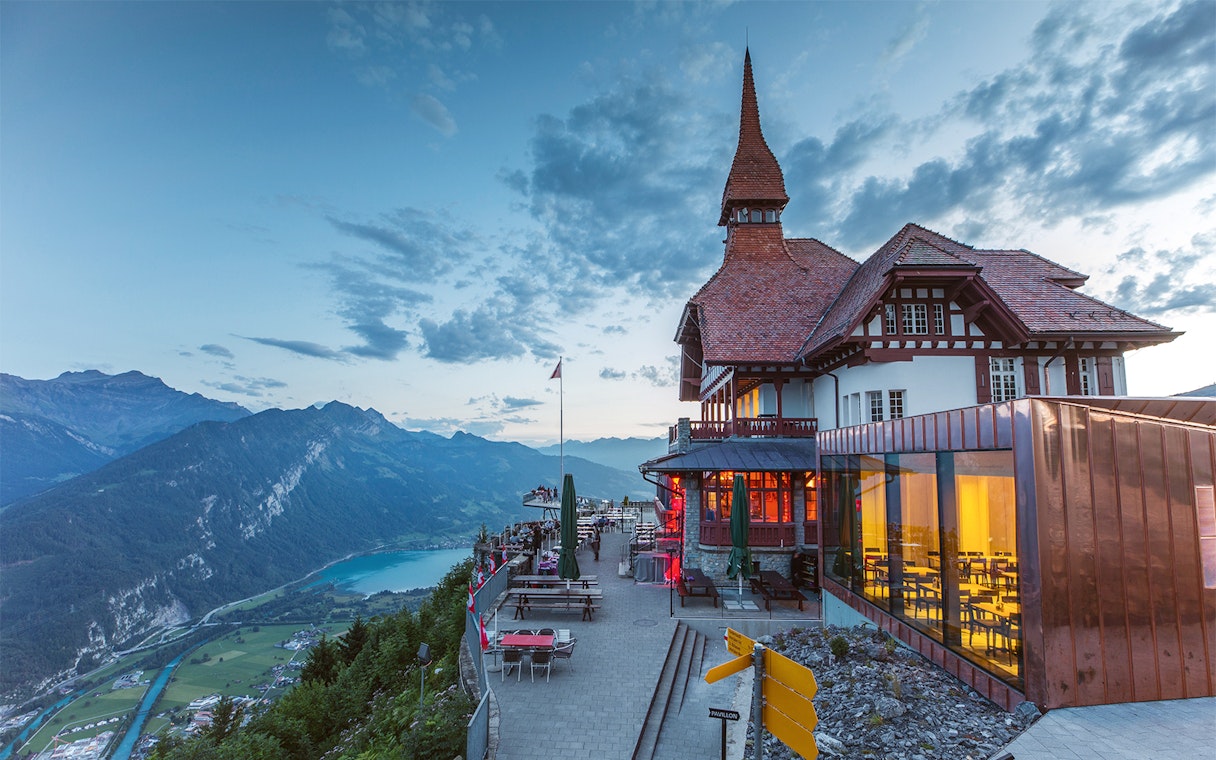 Scenic view from Harder Kulm restaurant overlooking mountains and Lake Brienz, Jungfrau region.