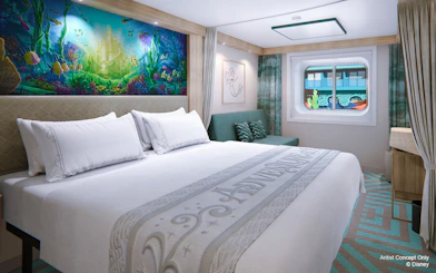 Deluxe Inside Stateroom with reef-themed decor on Disney Adventure Cruise.
