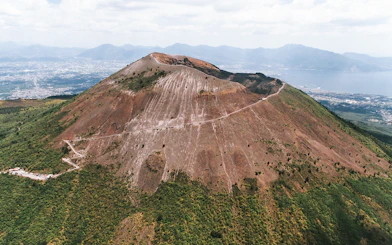 Aerial view of Mount Vesuvius with surrounding landscape in Italy.