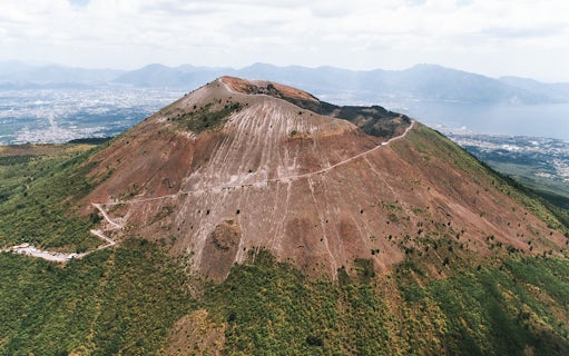 Aerial view of Mount Vesuvius with surrounding landscape in Italy.