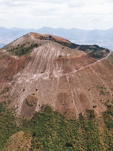 Aerial view of Mount Vesuvius with surrounding landscape in Italy.