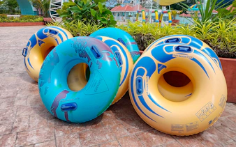 Colorful inflatable tubes at Splash Out Langkawi Water Theme Park.
