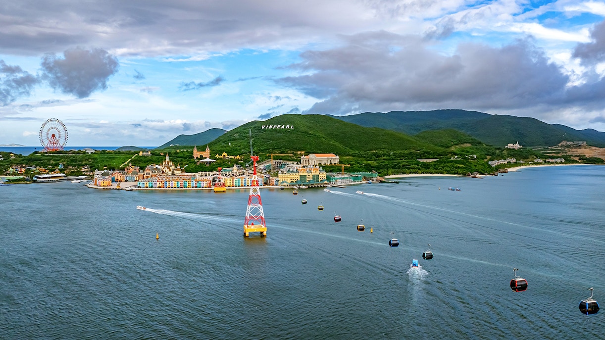 Cable cars over water at VinPearl Harbour, Nha Trang, Vietnam with scenic view.