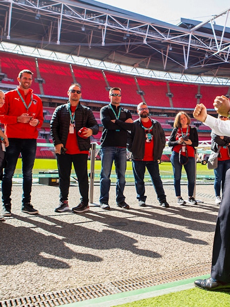 Tour group at Wembley Stadium, London, with guide explaining features.