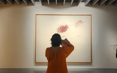Visitor viewing abstract art at Centre Pompidou Malaga exhibition interior.
