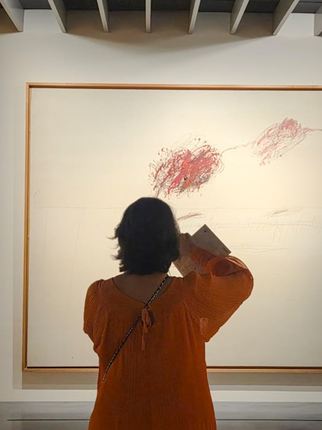 Visitor viewing abstract art at Centre Pompidou Malaga exhibition interior.