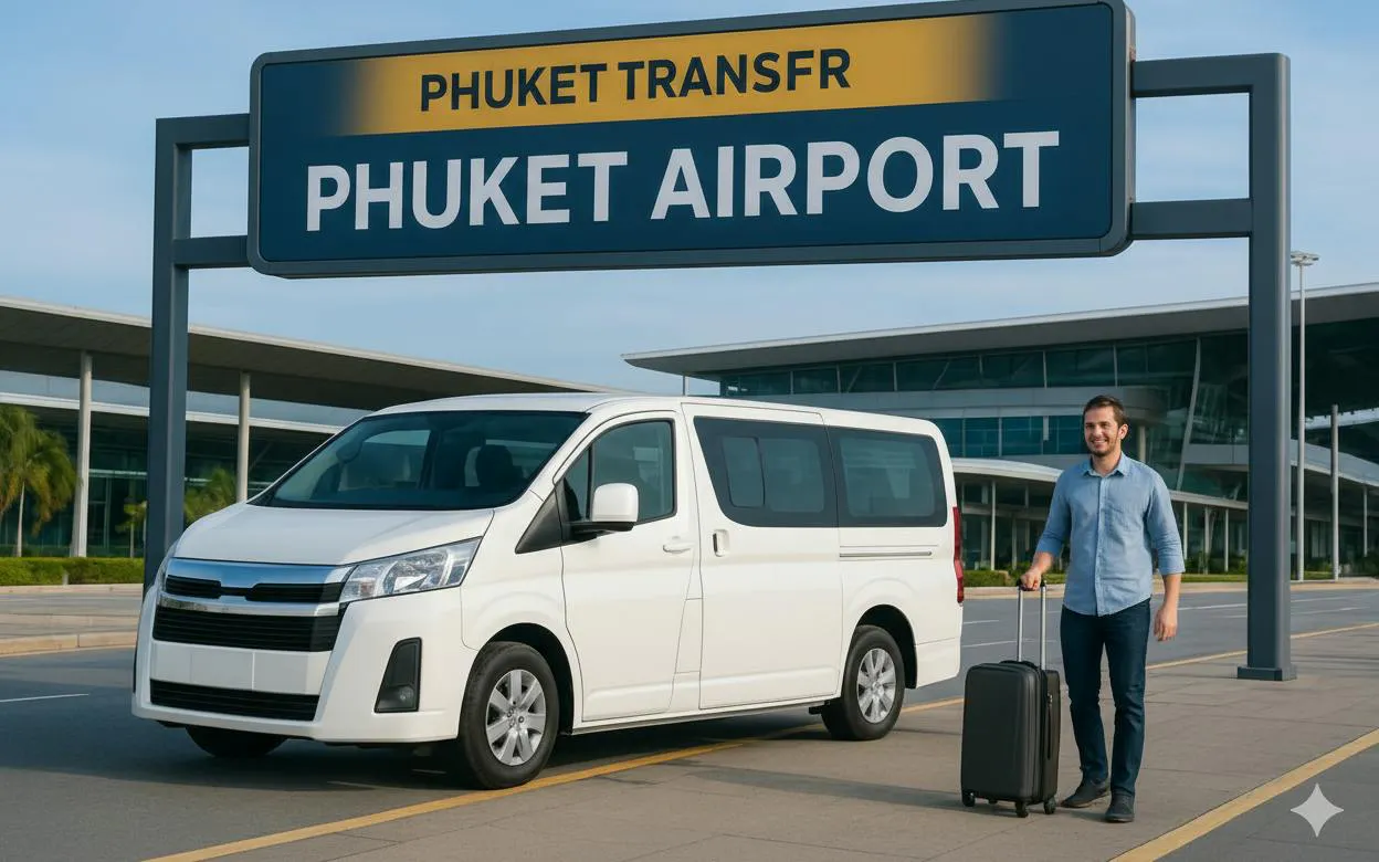 Phuket Airport minivan transfer service with traveler and luggage.