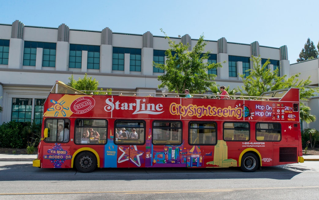 Red double-decker bus for Los Angeles hop-on hop-off city tour.