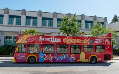 Red double-decker bus for Los Angeles hop-on hop-off city tour.