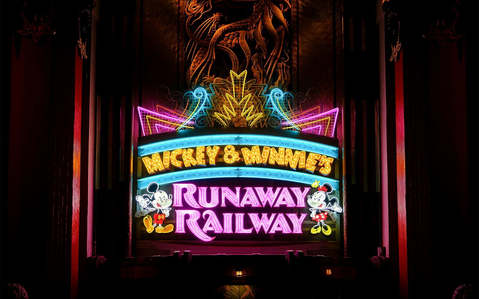 Mickey & Minnie's Runaway Railway neon sign at Hollywood Studios, Walt Disney World, Orlando.