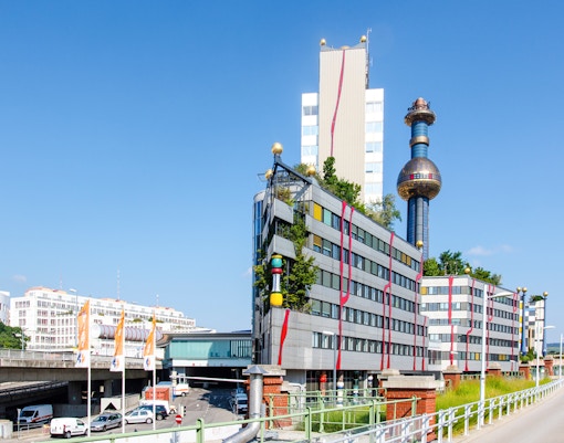 Spittelau Waste Incineration Plant in Vienna with colorful facade designed by Hundertwasser.