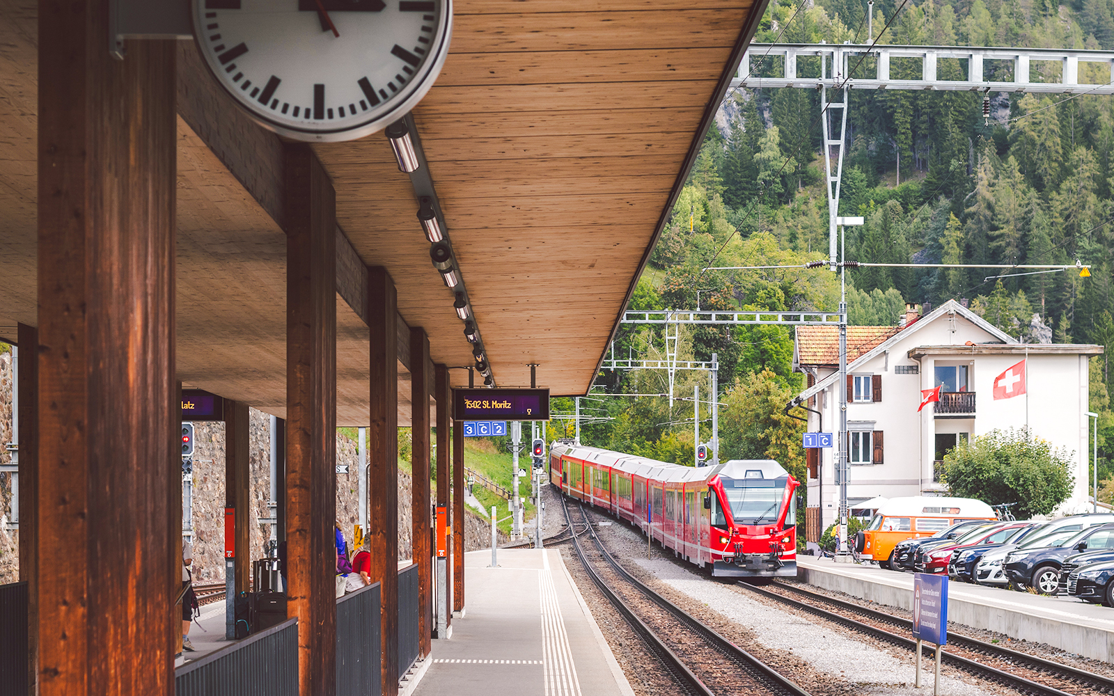 Train arriving at the station in Filisur, Switzerland