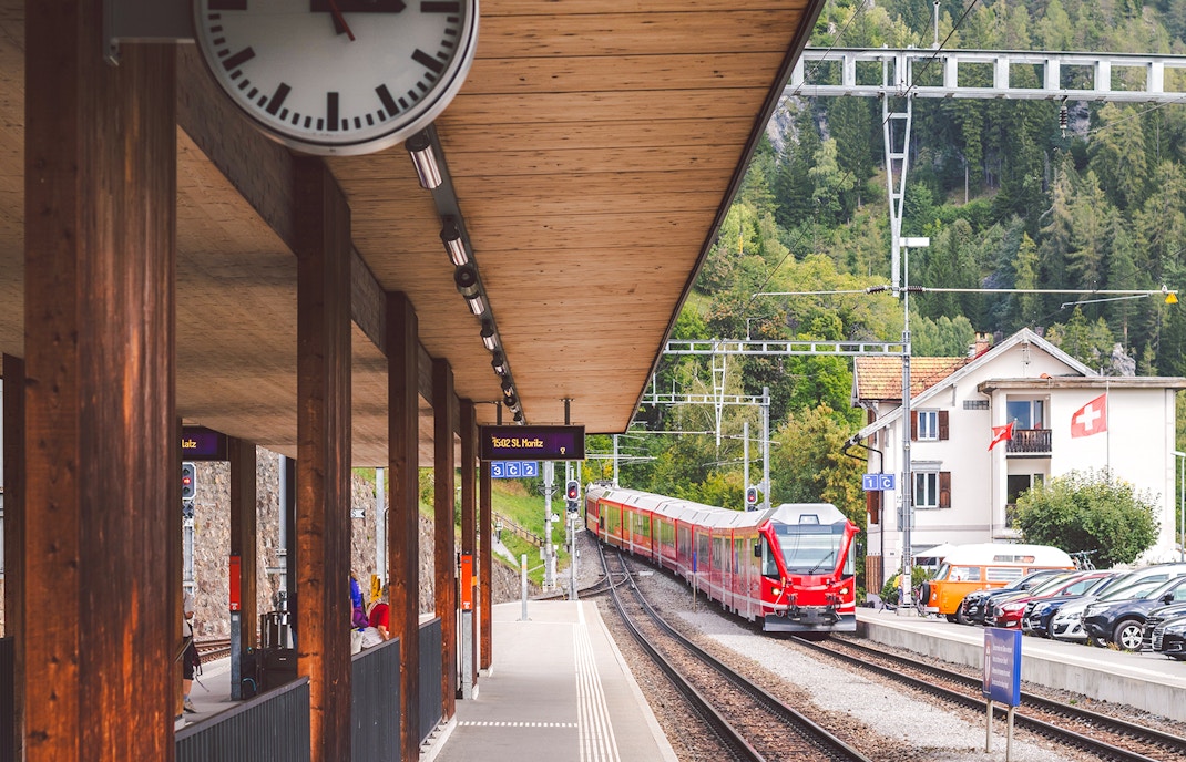 Train arriving at the station in Filisur, Switzerland
