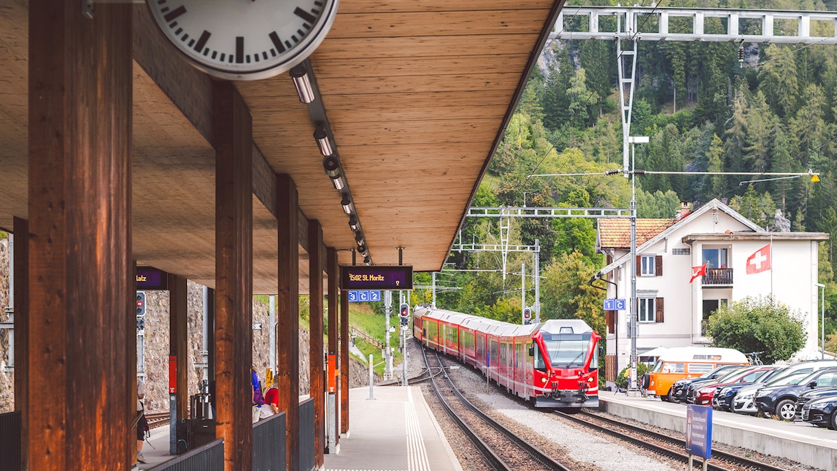 Train arriving at the station in Filisur, Switzerland
