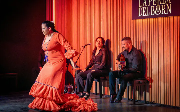 Flamenco dancer performing at La Perla del Born in Barcelona with musicians.