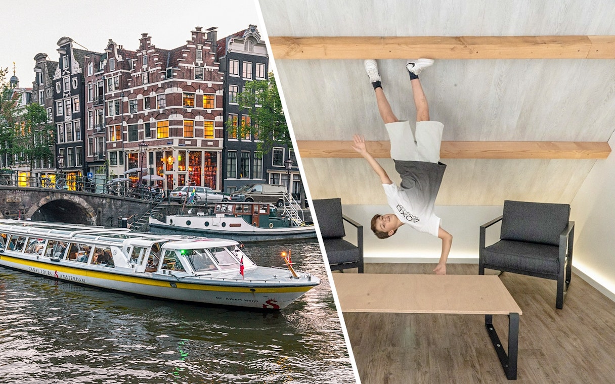 Guests exploring optical illusions at the Museum of Illusions Amsterdam.