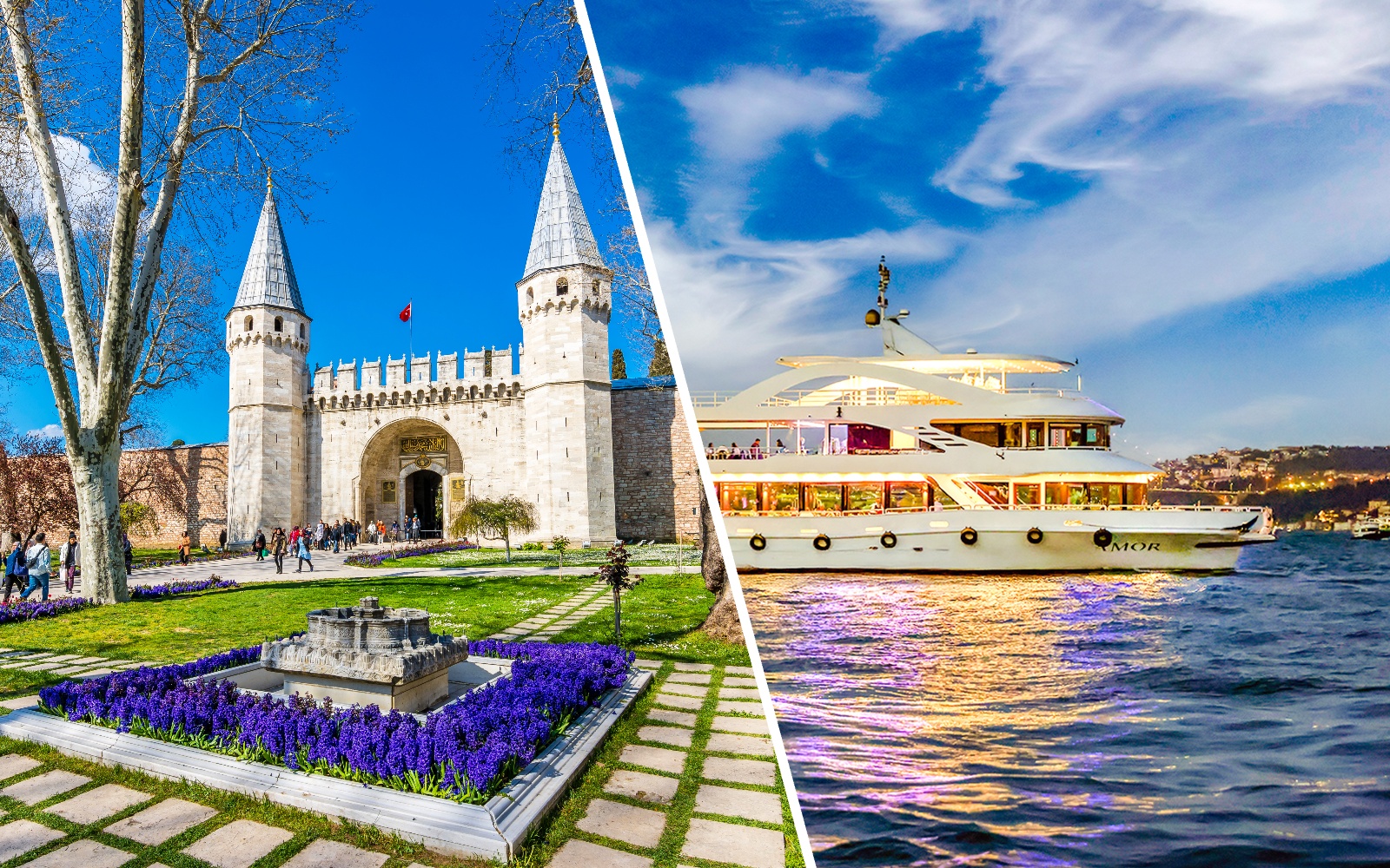 Topkapi Palace entrance and cruise ship on Bosphorus, Istanbul.