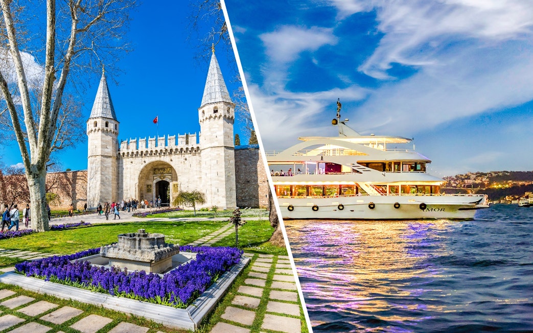 Topkapi Palace entrance and cruise ship on Bosphorus, Istanbul.