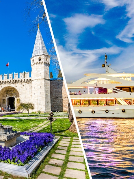 Topkapi Palace entrance and cruise ship on Bosphorus, Istanbul.