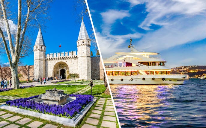 Topkapi Palace entrance and cruise ship on Bosphorus, Istanbul.