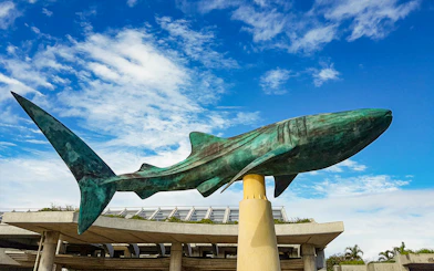 Whale shark statue at Churaumi Aquarium entrance, Okinawa.