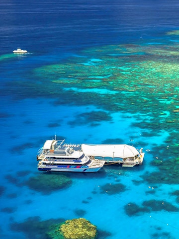 Cruise ship docked at Great Barrier Reef, Cairns, with vibrant coral visible underwater.