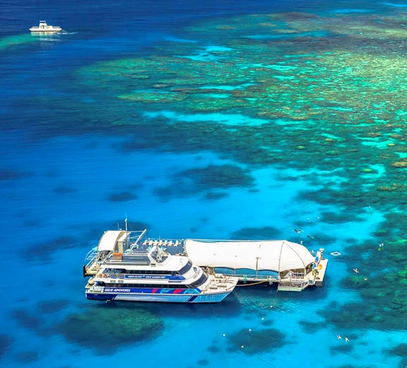 Cruise ship docked at Great Barrier Reef, Cairns, with vibrant coral visible underwater.