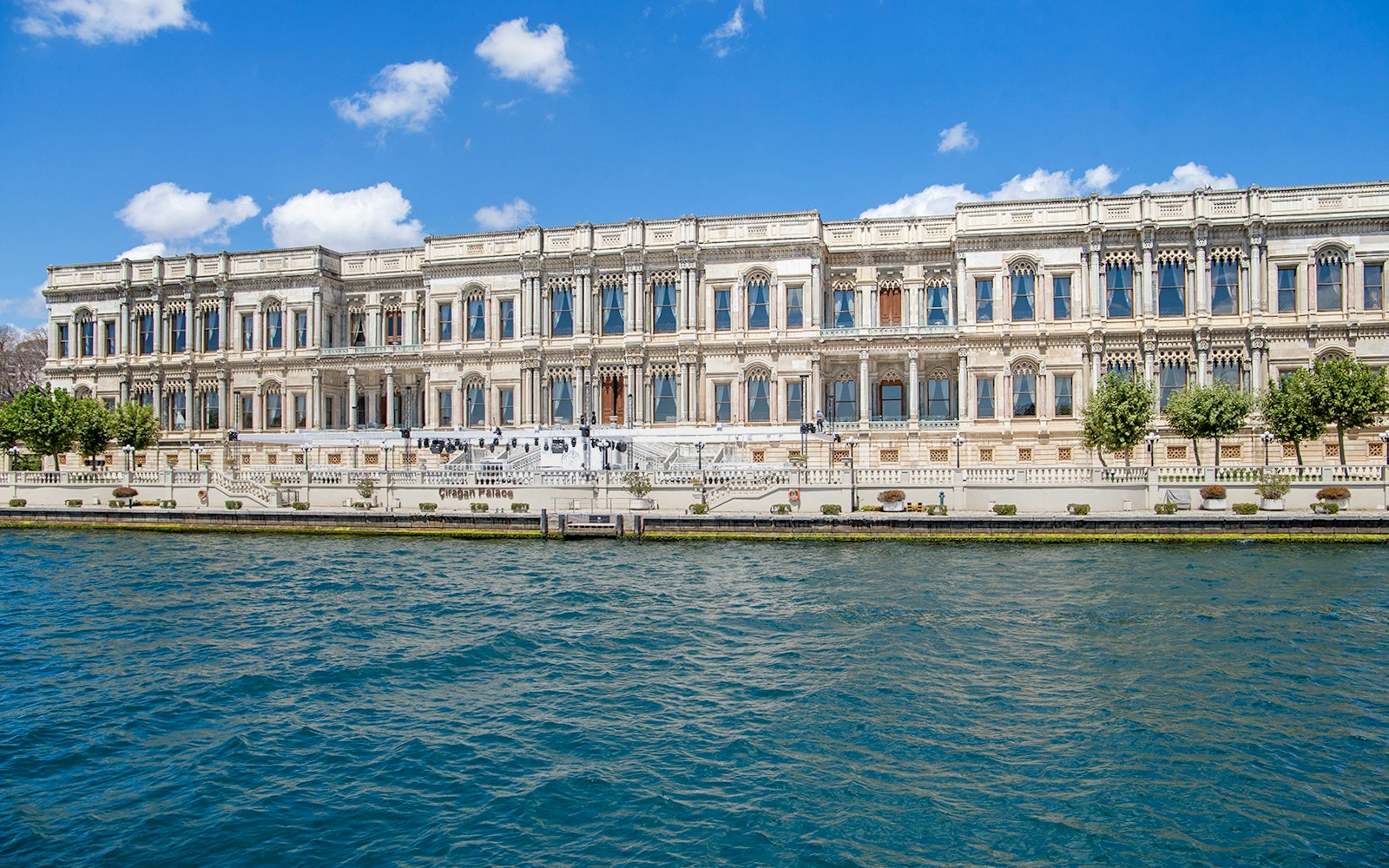 Bosphorus cruise ship sailing past Istanbul's historic skyline with audio guide.