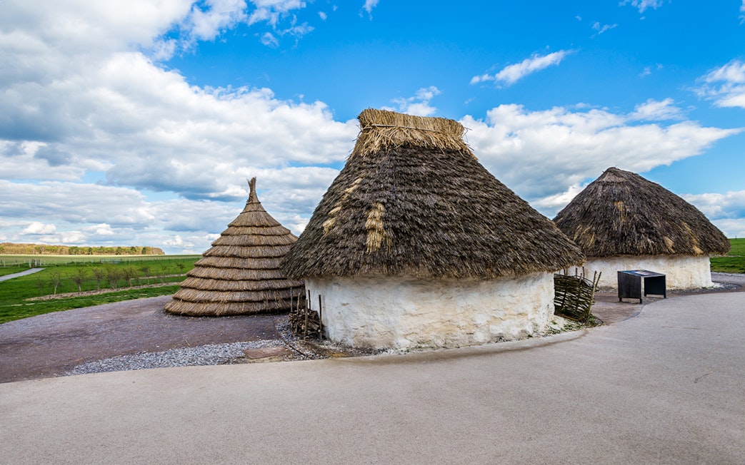 Reconstructed Neolithic huts near Stonehenge, England.