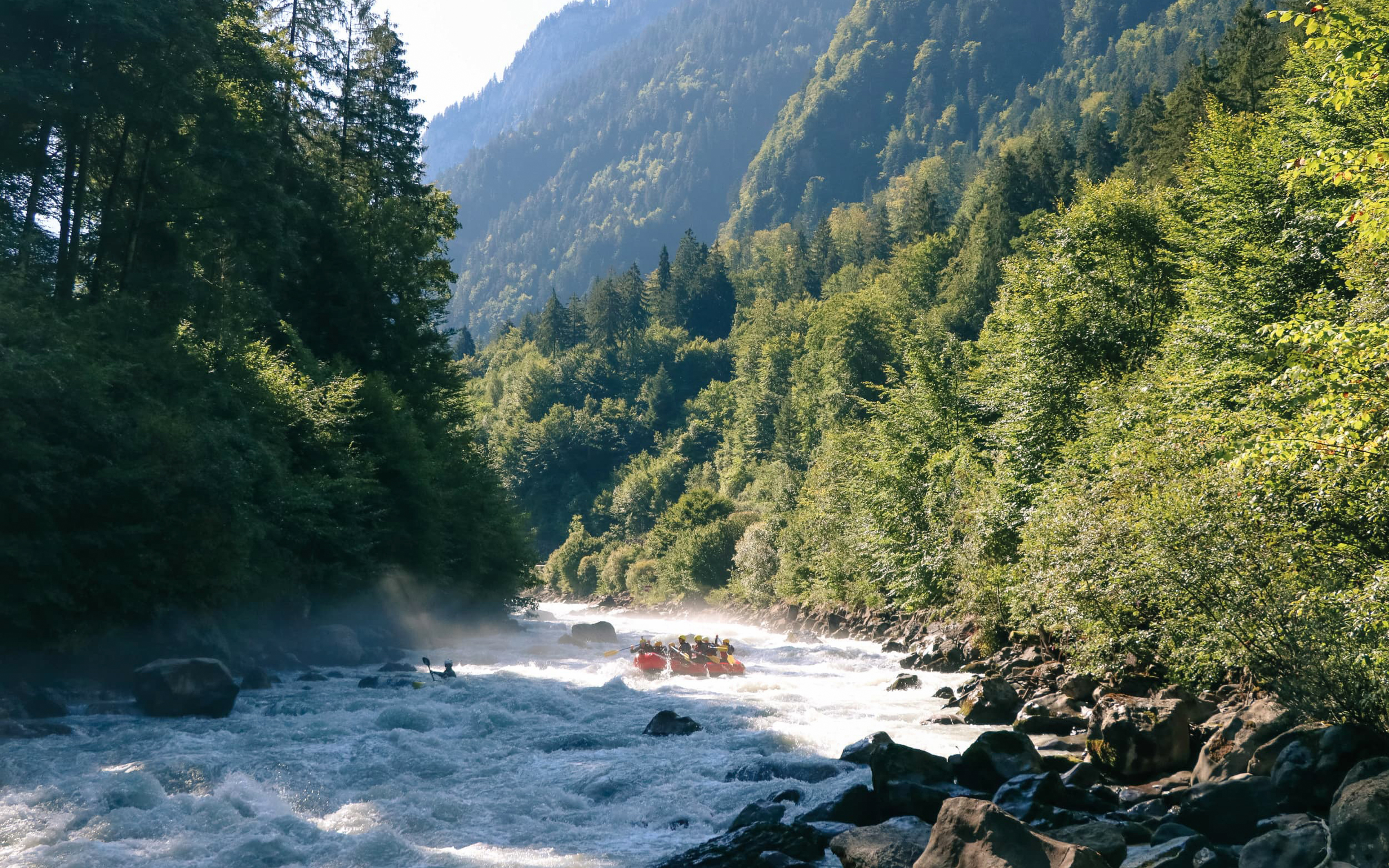 River rafting on a rapid in Interlaken surrounded by lush green forest and mountains.